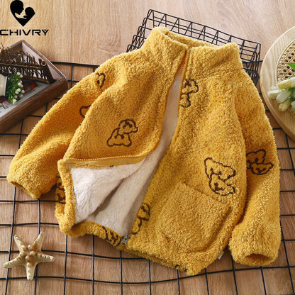 Adorable 2023 Kids Winter Flannel Jacket for Boys and Girls - Cute Cartoon Stand Collar Zipper Coat