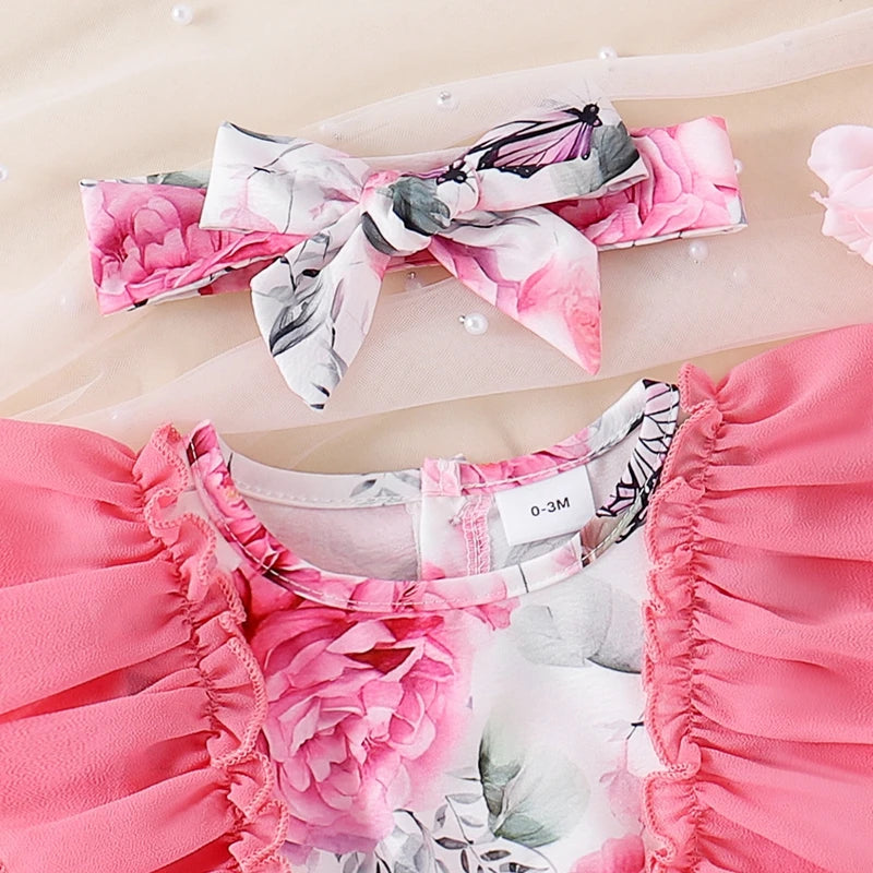 Toddler Summer Floral Bow Bodysuits with Ruffle Sleeves for Girls 0-18 Months
