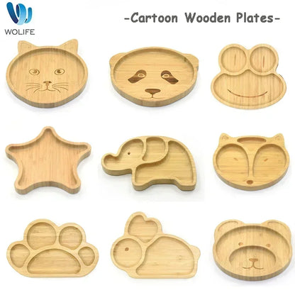 Adorable Wooden Baby Feeding Plate with Silicone Suction Cup - Fun Cartoon Frog Design for Easy Mealtime