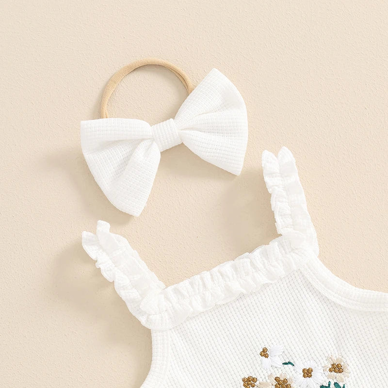 3-Piece Summer Outfit Set for Baby Girls - Waffle Flower Embroidered Sleeveless Romper, Ruffle Shorts, and Headband