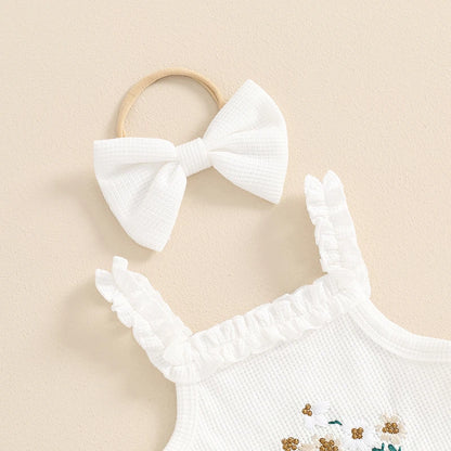 3-Piece Summer Outfit Set for Baby Girls - Waffle Flower Embroidered Sleeveless Romper, Ruffle Shorts, and Headband