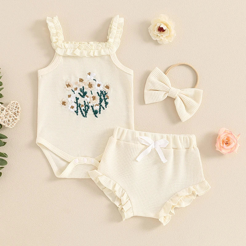 3-Piece Summer Outfit Set for Baby Girls - Waffle Flower Embroidered Sleeveless Romper, Ruffle Shorts, and Headband