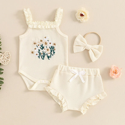 3-Piece Summer Outfit Set for Baby Girls - Waffle Flower Embroidered Sleeveless Romper, Ruffle Shorts, and Headband