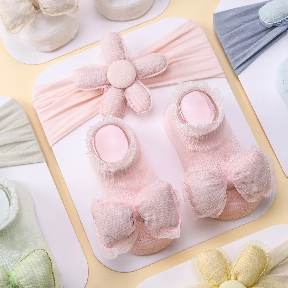 Adorable Baby Socks and Flower Headband Set - 2pcs Candy Color Bow Accessories for Newborns