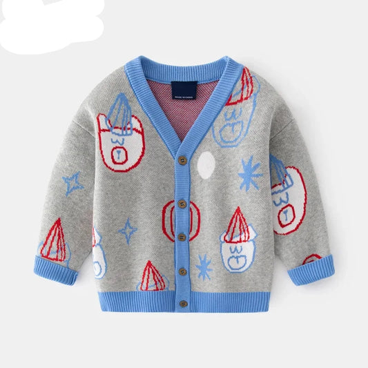 Adorable Cartoon Bear Knit Cardigan Sweater for Boys - Autumn Winter Fashion Outerwear