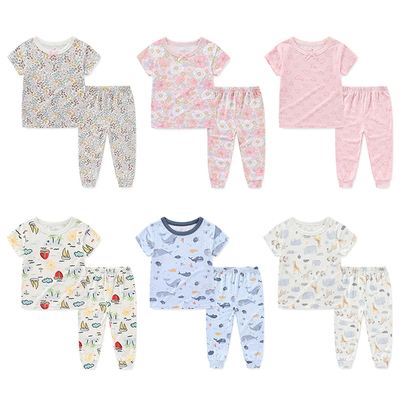 Summer Unisex Cartoon Pajama Set for Babies - 2-Piece Tops and Pants (1-5T)