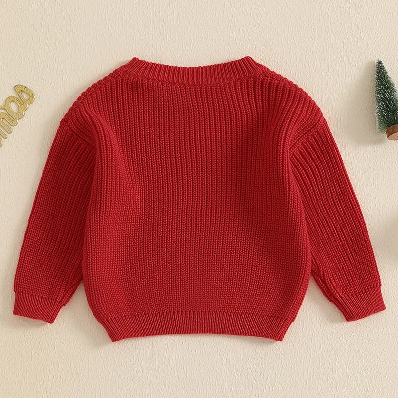 Toddler Unisex Christmas Tree Embroidered Sweater - Long Sleeve Crew Neck Pullover for Kids