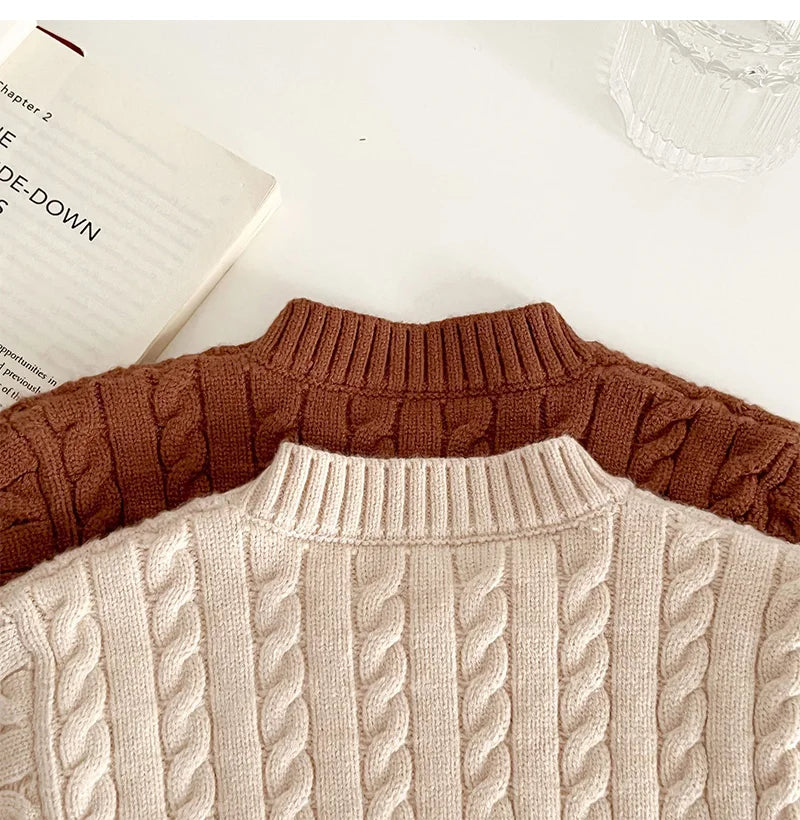 Unisex Cotton Knit Set for Kids - Solid Color Sweater and Pants Outfit for Spring and Autumn