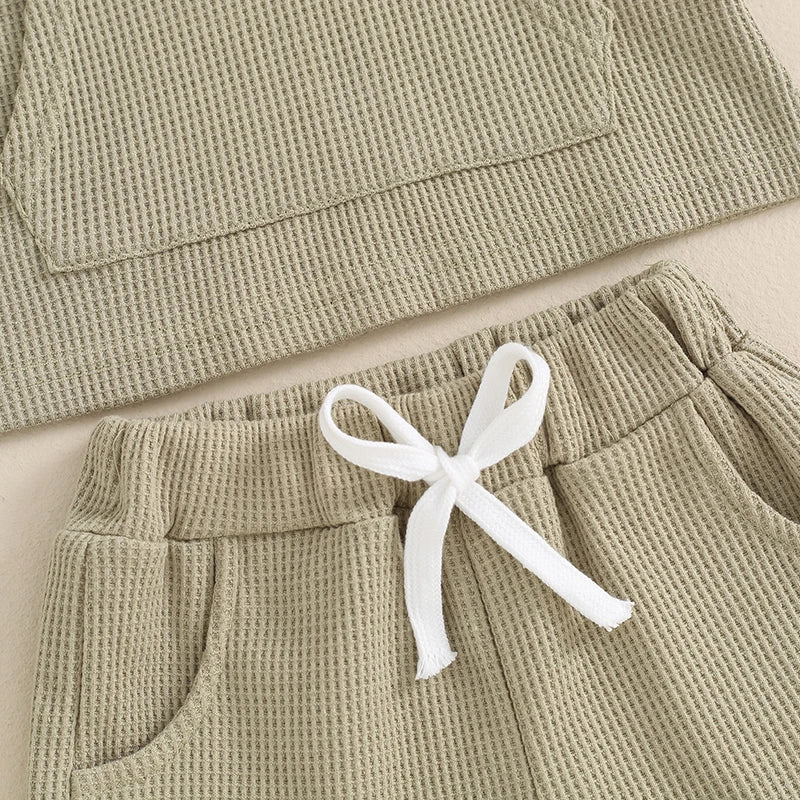 Toddler Summer Outfit Set for Boys and Girls - Solid Color Pocket Hooded Tank Top with Elastic Waist Shorts