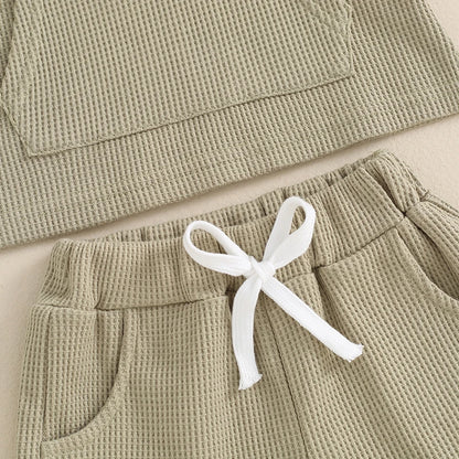 Toddler Summer Outfit Set for Boys and Girls - Solid Color Pocket Hooded Tank Top with Elastic Waist Shorts