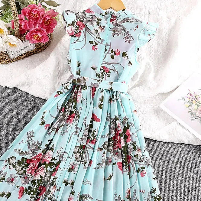 2023 Summer Floral Print A-Line Beach Dress for Girls with Flying Sleeves and Round Neck