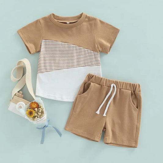 Summer Toddler Outfit for Boys: 2-Piece Short Sleeve Patchwork Tee and Shorts Set (3 Months to 7 Years)