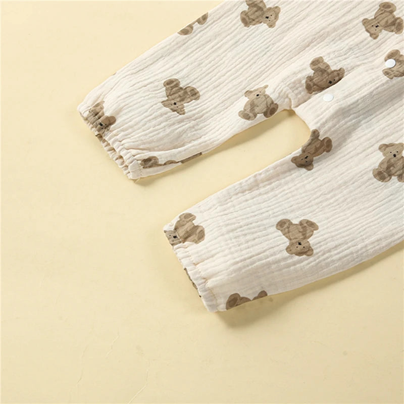 Adorable Bear Print Long Sleeve Romper for Newborns - Casual Turn-Down Collar Jumpsuit for Baby Boys and Girls