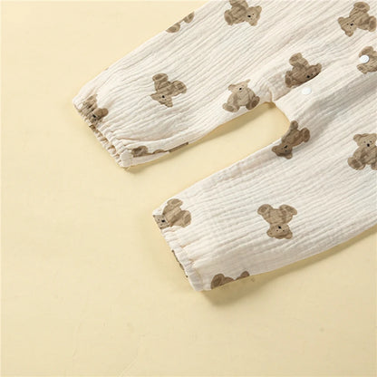 Adorable Bear Print Long Sleeve Romper for Newborns - Casual Turn-Down Collar Jumpsuit for Baby Boys and Girls