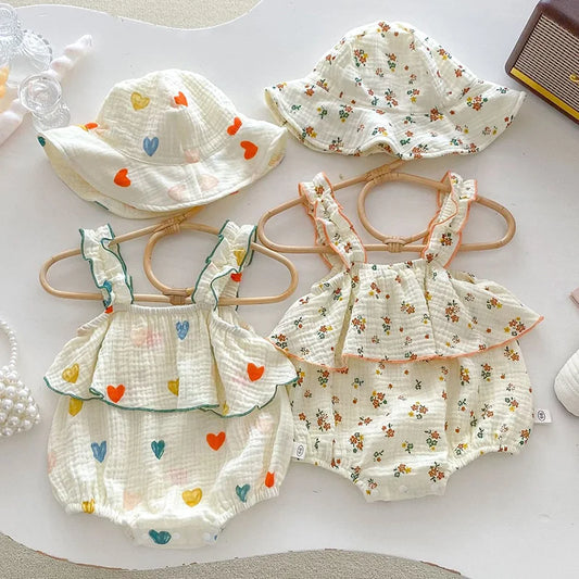 Summer Floral Muslin Baby Romper Set with Hat - Sweet Heart Print Sleeveless Jumpsuit for Newborns and Toddlers
