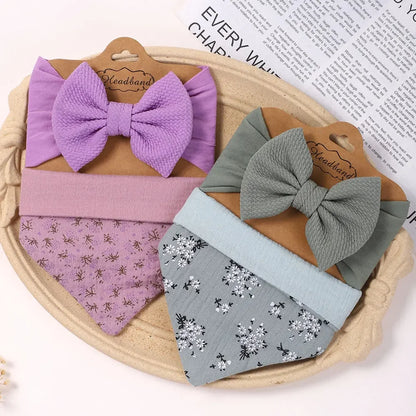 Toddler Ruffled Edge Turban Set with Big Bow - 2Pcs Solid Color Headbands for Newborns and Toddlers