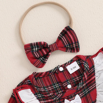 Adorable Baby Girls' Christmas Plaid Ruffle Romper Dress with Matching Headband - Newborn Outfit Set