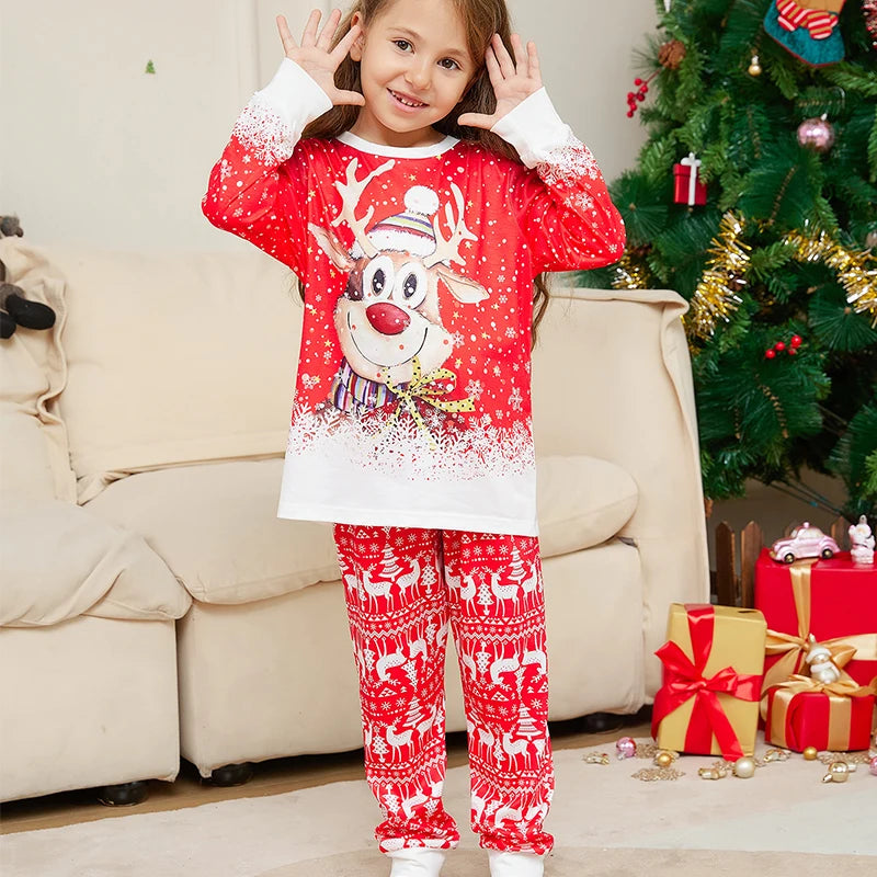 Festive Family Matching Christmas Pajama Set with Reindeer Print - Long Sleeved Nightwear for Parents and Kids