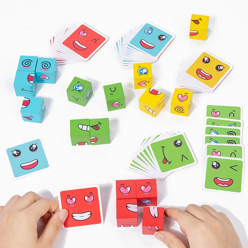 Wooden Expression Matching Puzzle Cube - Educational Building Blocks Game for Kids Aged 4-12