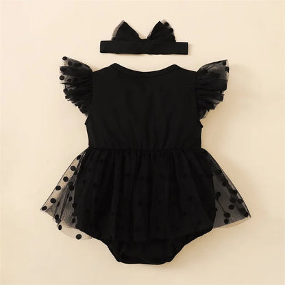 Polka Dot Baby Girls Summer Romper Dress with Mesh Skirt and Headband – Cute Sleeveless Jumpsuit for Infants