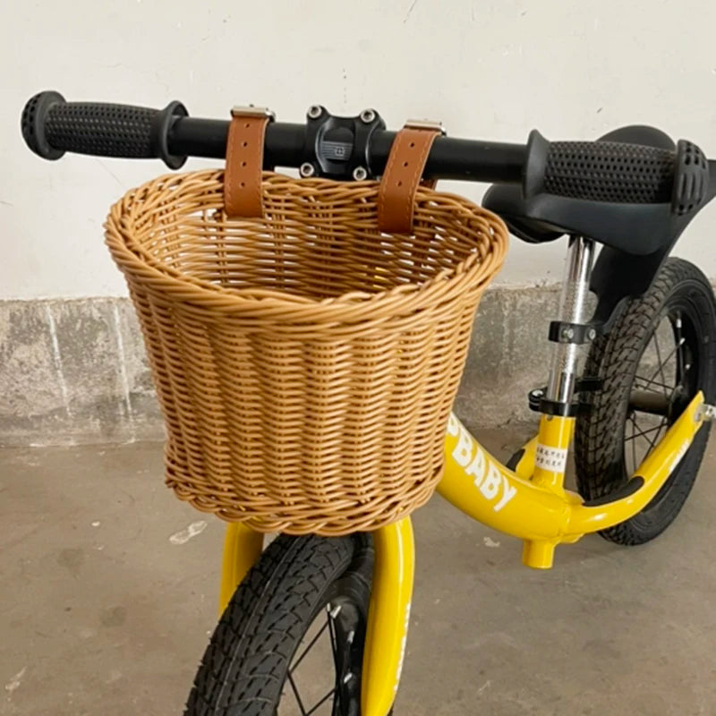 Kids Bike Scooter Front Storage Basket - Handmade Waterproof Woven Rattan Detachable Bag