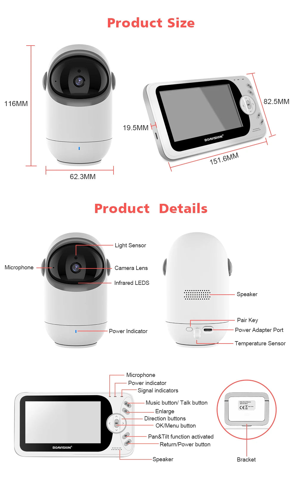 4.3" Wireless Video Baby Monitor with Pan/Tilt Camera, Two-Way Audio & Night Vision - VB801