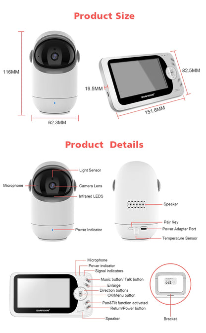 4.3" Wireless Video Baby Monitor with Pan/Tilt Camera, Two-Way Audio & Night Vision - VB801