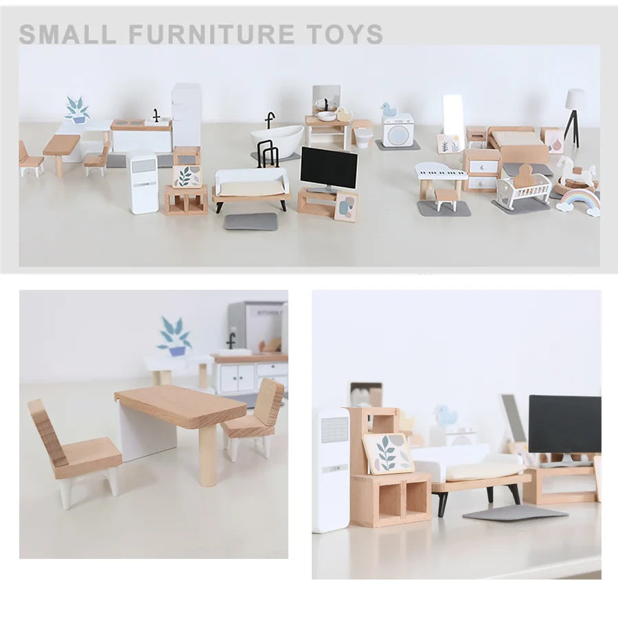 Wooden Dollhouse Furniture Collection - Complete Room Set for Kids' Pretend Play