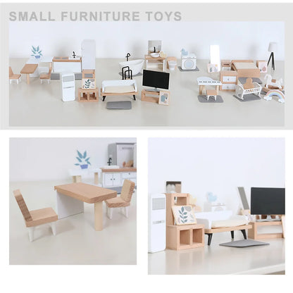 Wooden Dollhouse Furniture Collection - Complete Room Set for Kids' Pretend Play