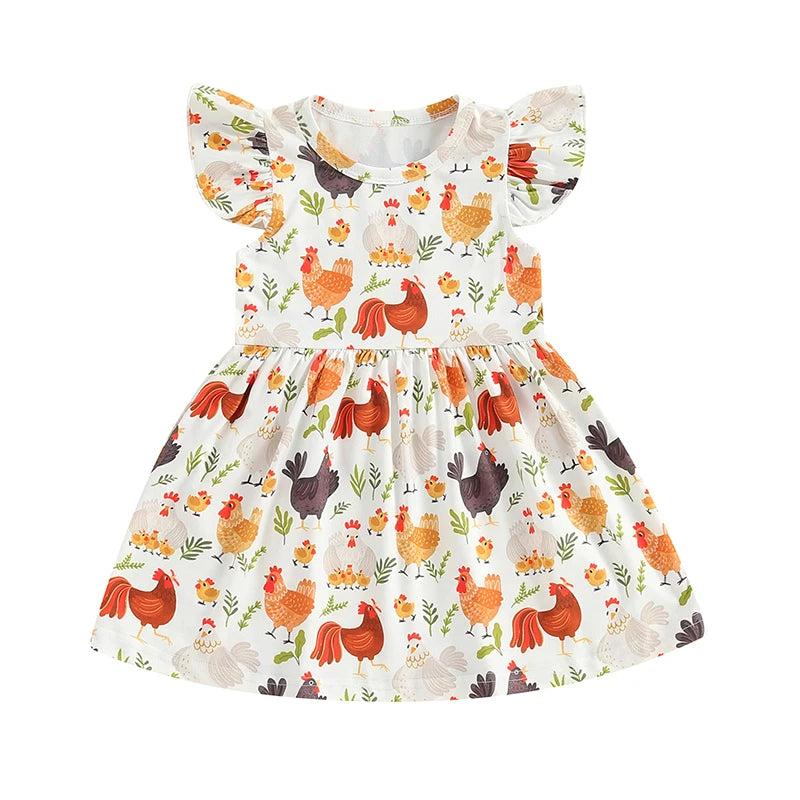 Toddler Girls Summer Casual Dress with Farm Rooster and Hen Print