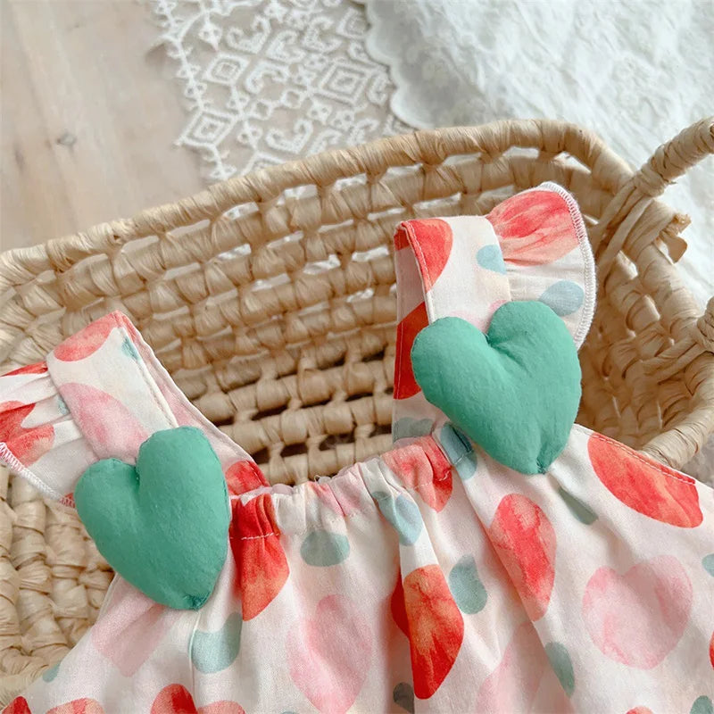 Summer Girls' Heart Print Sleeveless Romper Jumpsuit - Breathable Cotton-Polyester Blend Toddler Outfit