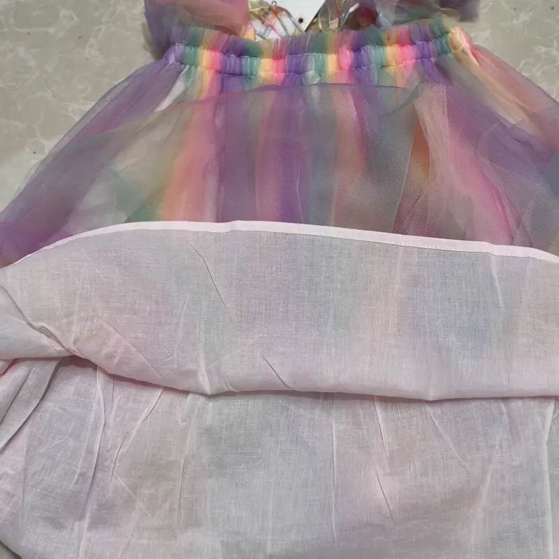 Rainbow Butterfly Sleeve Princess Dress for Girls - Cute Mesh Summer Birthday Gown