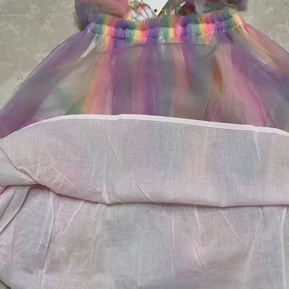 Rainbow Butterfly Sleeve Princess Dress for Girls - Cute Mesh Summer Birthday Gown