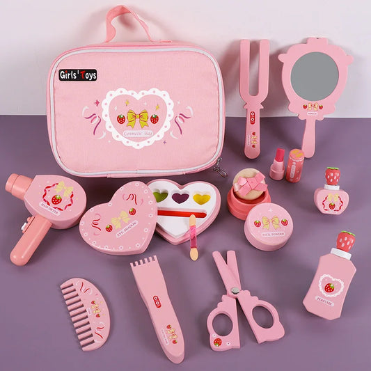 Wooden Pink Playhouse Makeup Set for Kids - Cosmetic Toys and Dressing Table Gift for Girls