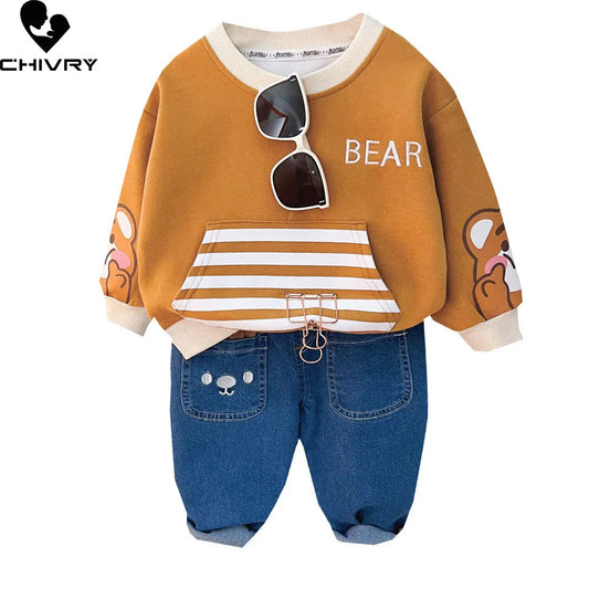 Adorable 2023 Children's Cartoon Bear Striped Sweatshirt and Denim Pants Outfit Set for Boys and Girls
