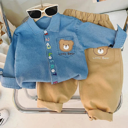 Adorable 2023 Boys' Cartoon Bear Denim Shirt and Pants Set for Spring and Autumn Fashion