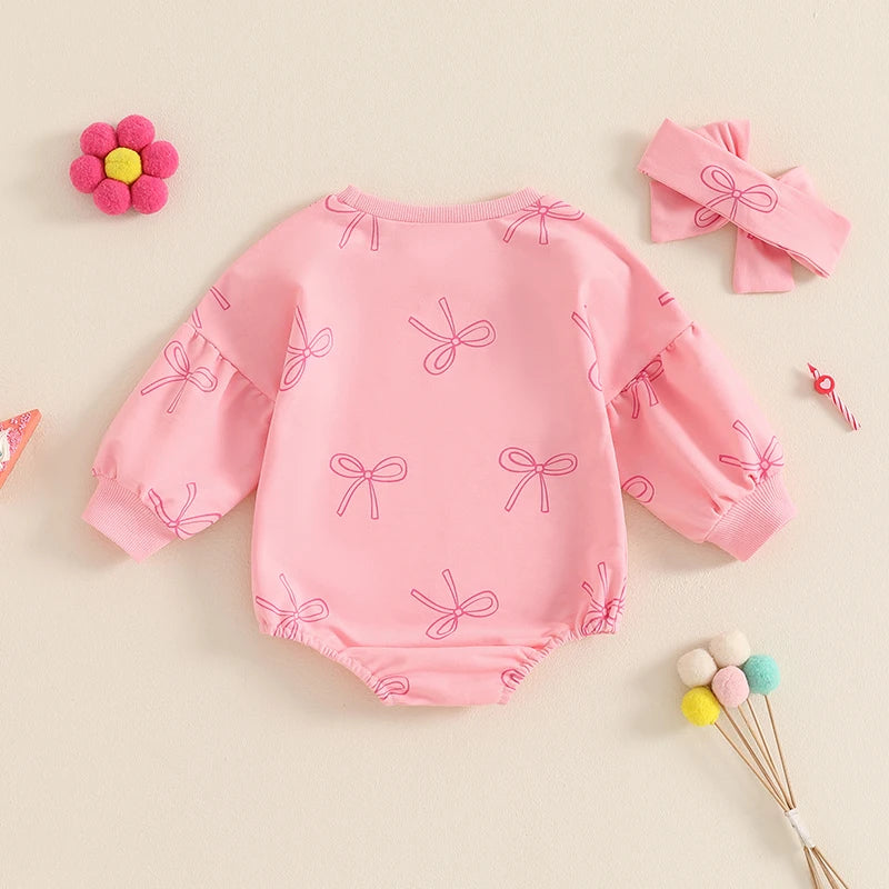 Adorable Infant Baby Girls Full Sleeve Bow Print Romper with Headband for Spring and Autumn