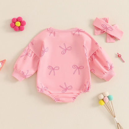 Adorable Infant Baby Girls Full Sleeve Bow Print Romper with Headband for Spring and Autumn