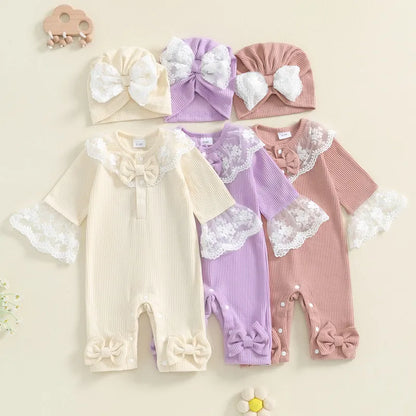 RUEWEY Adorable Newborn Baby Girl Lace Romper with Bow and Turban Hat for Spring and Autumn
