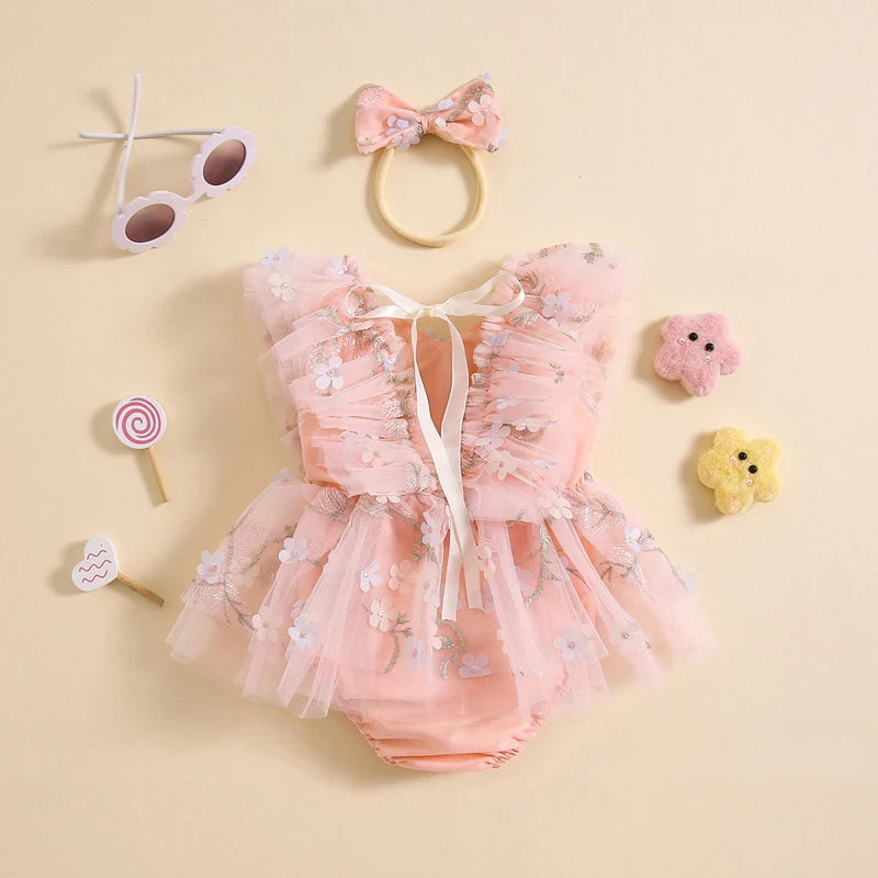 Summer Floral Embroidered Baby Girl Romper Dress Set with Tulle Skirt and Bowknot Headband
