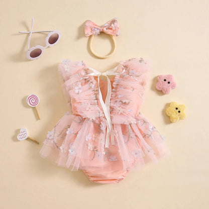 Summer Floral Embroidered Baby Girl Romper Dress Set with Tulle Skirt and Bowknot Headband