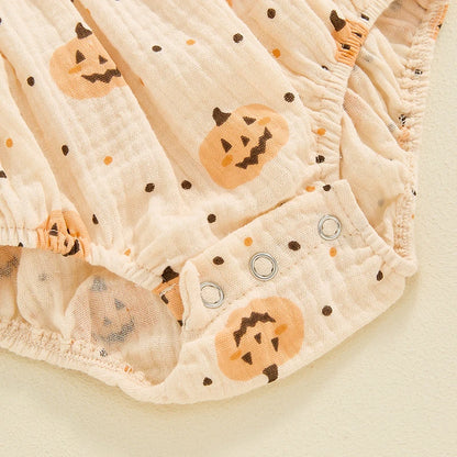 Adorable Baby Girls Pumpkin Print Halloween Ruffle Collar Romper with Matching Headband