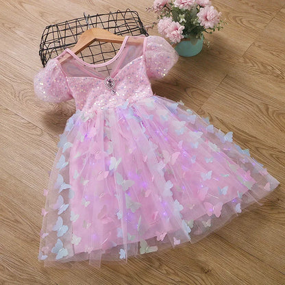 Girls' Summer Butterfly Wings Fairy Tulle Dress with Puff Sleeves for Birthday Parties