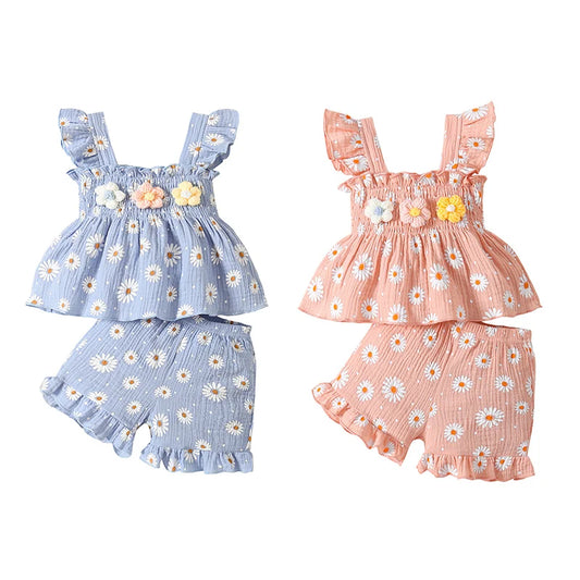 Adorable Baby Girl Summer Outfit Set with 3D Floral Ruffle Top and Shorts