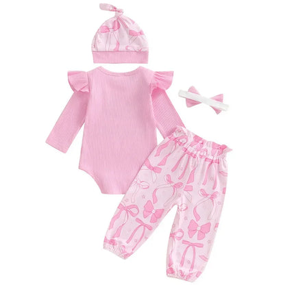 Adorable Baby Girl 4-Piece Outfit Set: Letter Print Long Sleeve Bodysuit, Bow Pants, and Matching Headband Hat for Newborns