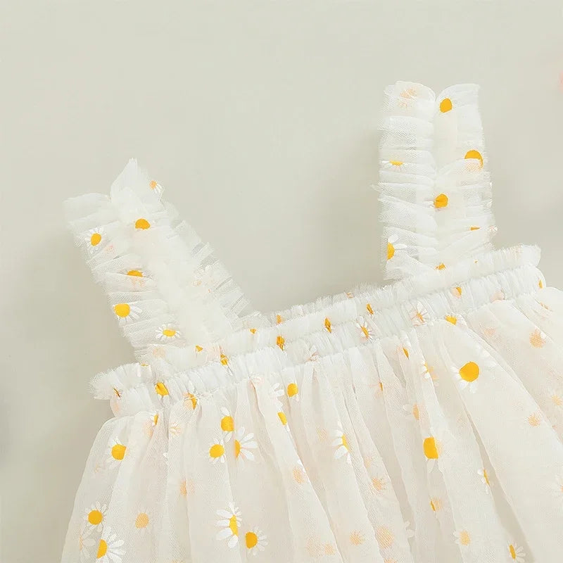 Toddler Girls' Sleeveless Floral Tulle Dress - Elegant Daisy Print Birthday Party Outfit for Summer