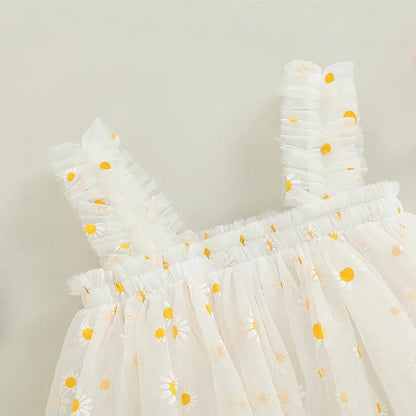 Toddler Girls' Sleeveless Floral Tulle Dress - Elegant Daisy Print Birthday Party Outfit for Summer