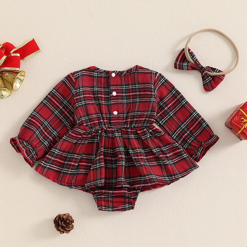 Adorable Baby Girls' Christmas Plaid Ruffle Romper Dress with Matching Headband - Newborn Outfit Set