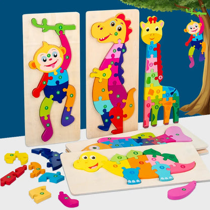 3D Dinosaur Educational Wooden Puzzles for Montessori Toddlers Ages 2-5