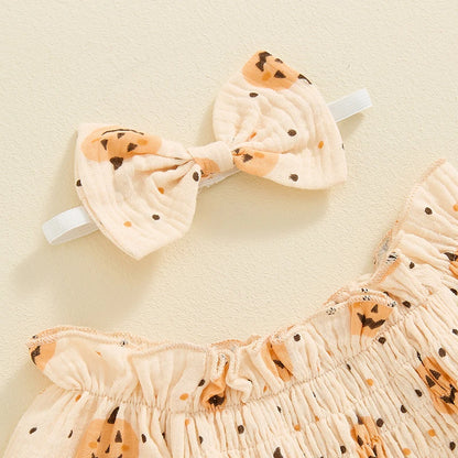 Adorable Baby Girls Pumpkin Print Halloween Ruffle Collar Romper with Matching Headband
